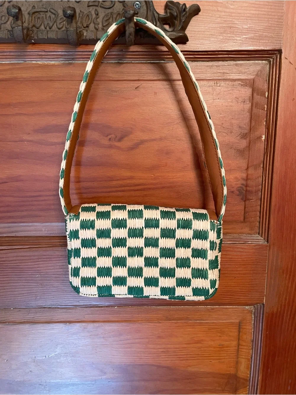 Anthropologie Fiona Shoulder Bag:
Raffia Edition in green and white check. - Picture 5 of 8